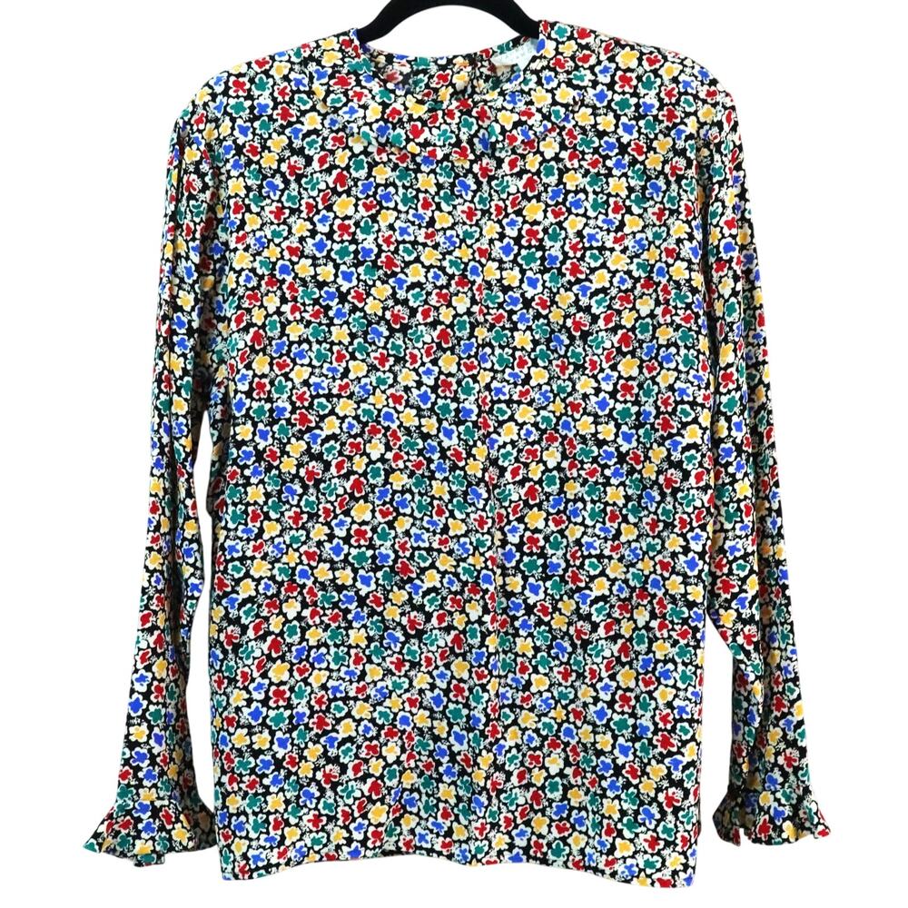 Vintage 80s 90s SILK Ditsy Floral Blouse Bell Sleeve Peter pan Ruffle Collar 8